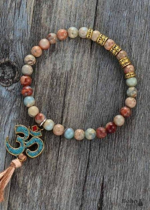 Boho Bracelet, Stretch Yoga Mala Bracelet, Natural Stone Tibetan OM 6 Colors
